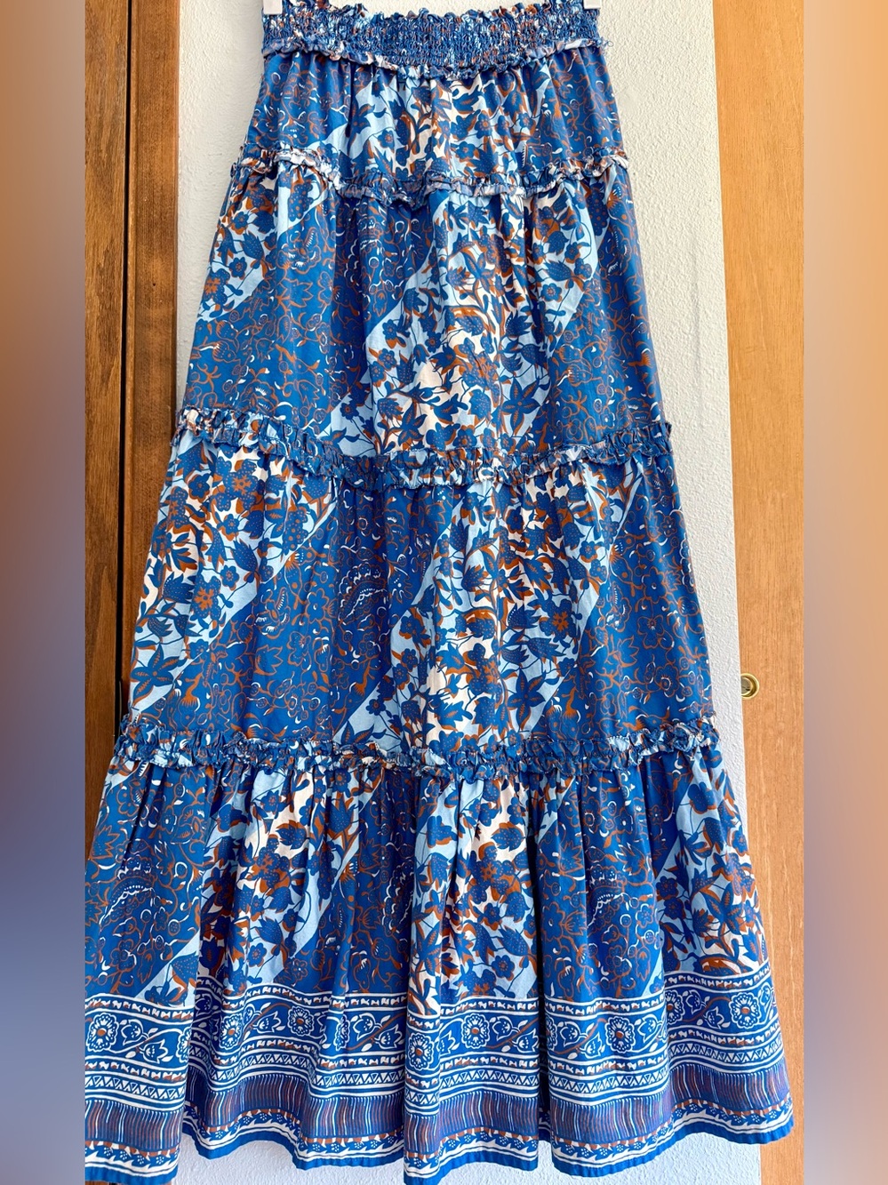 Anthropologie Blue Patchwork Print Maxi Skirt XS Pockets Lightweight Like New